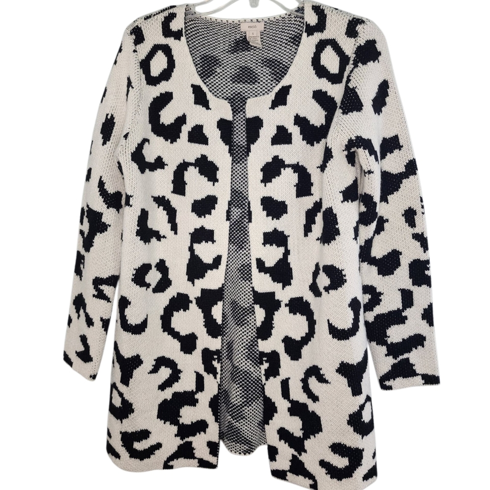 Leopard Animal Print Longer Length Open Front Knit Cardigan Cream Black Small